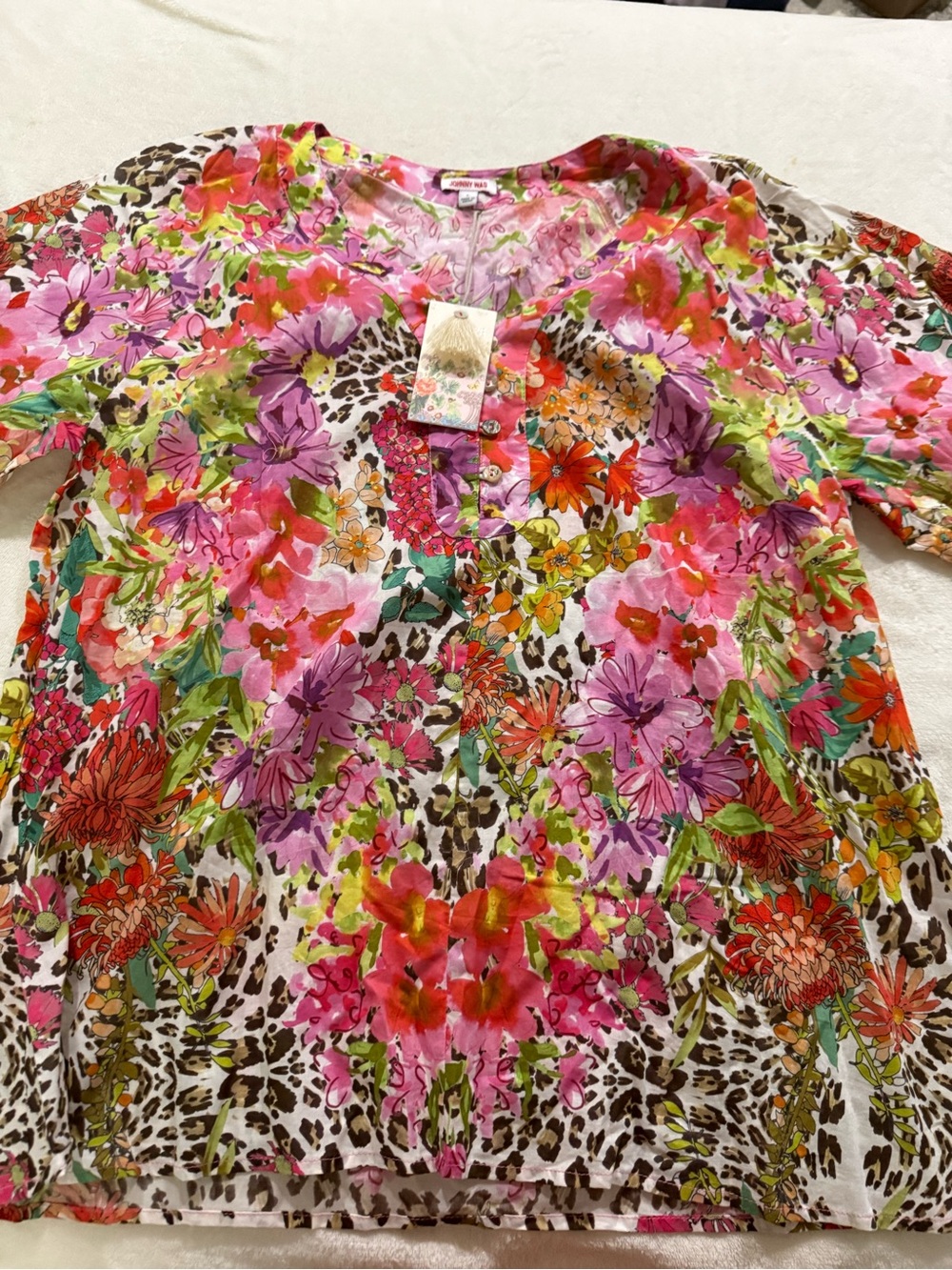 Johnny Was Womens Multicolor Wild Garden Puff Sleeve Henley Blouse L $178 D77